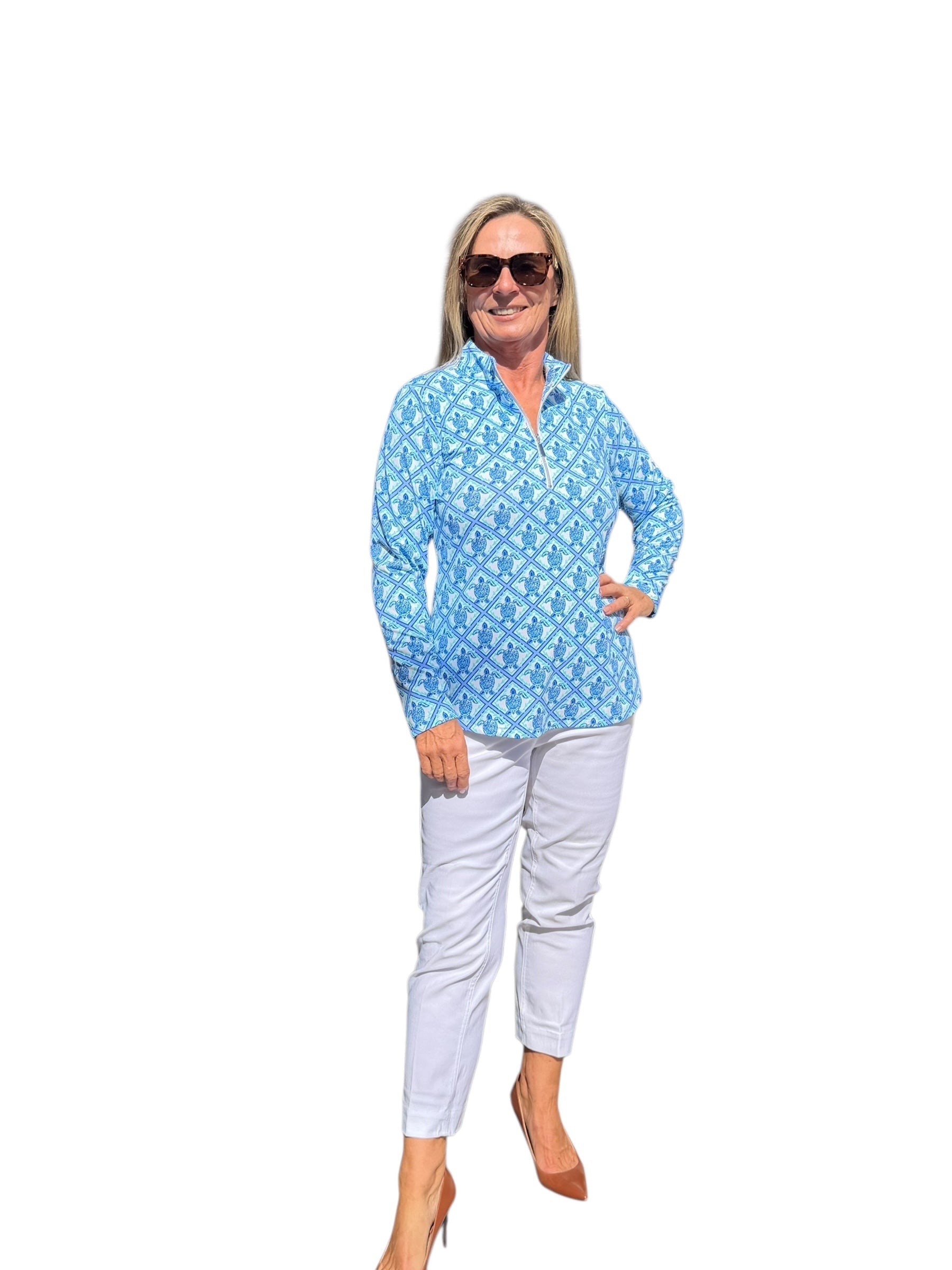 High Zip - Neck Long Sleeve Top with UPF50+ Blue Turtles - Back of the Bay Boutique