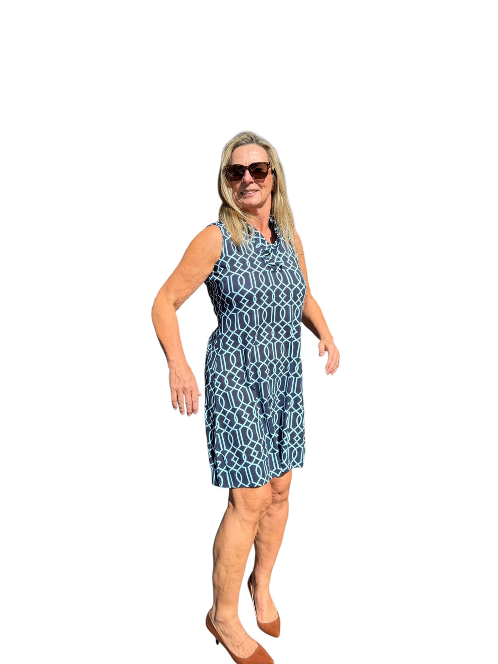 Ruffle - Neck Dress with UPF50+ Geometric Lines Navy - Back of the Bay Boutique