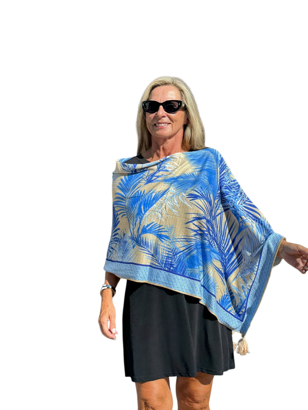 Soft Knit Poncho Bali Natural Blue - Back of the Bay Boutique