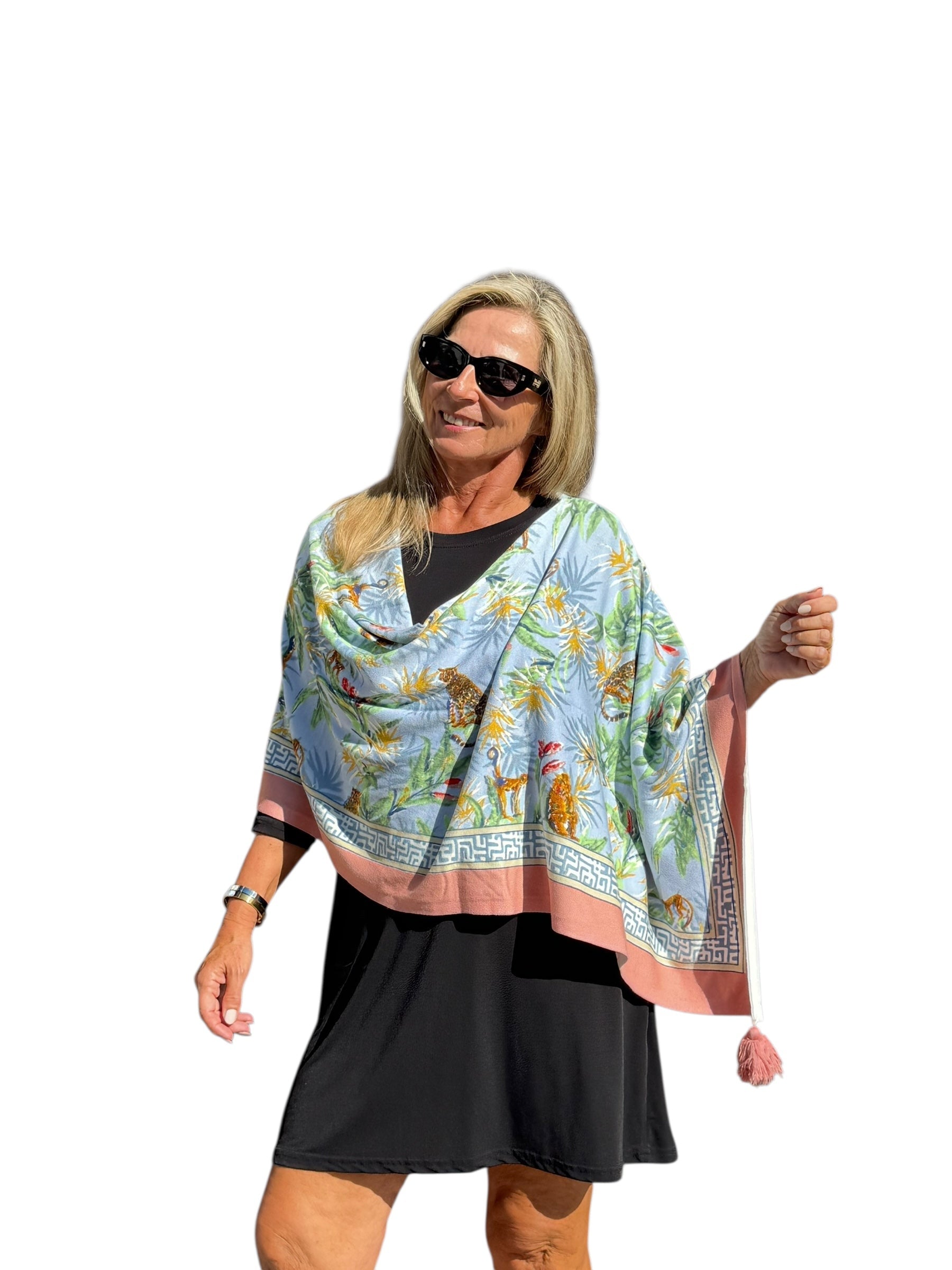 Soft Knit Poncho Wildlife Light Blue - Back of the Bay Boutique