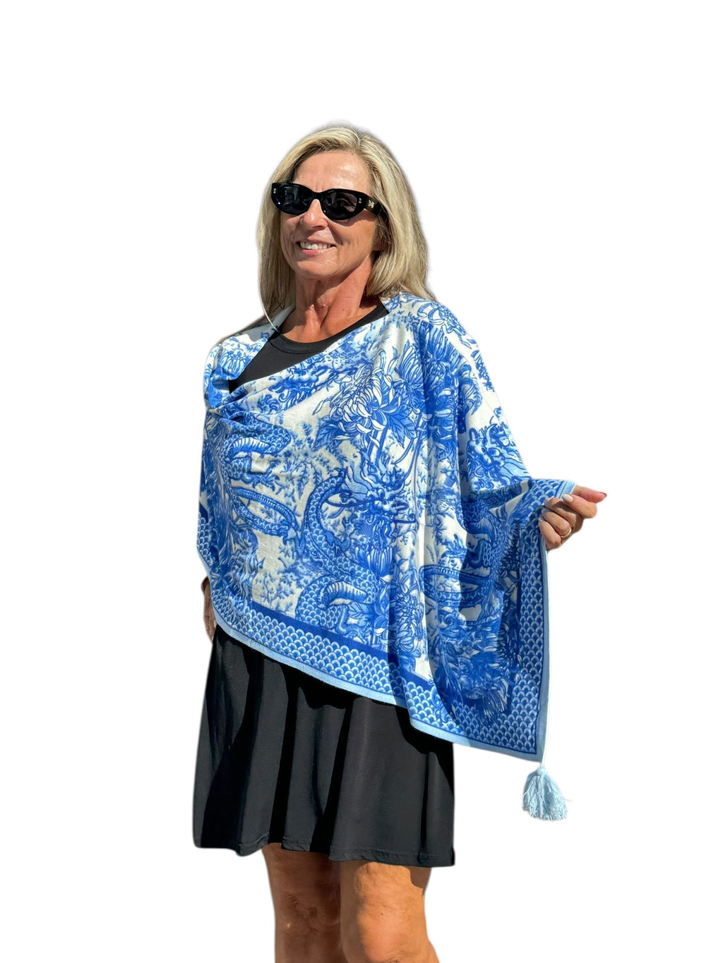 Soft Knit Poncho Dragon Blue/White - Back of the Bay Boutique