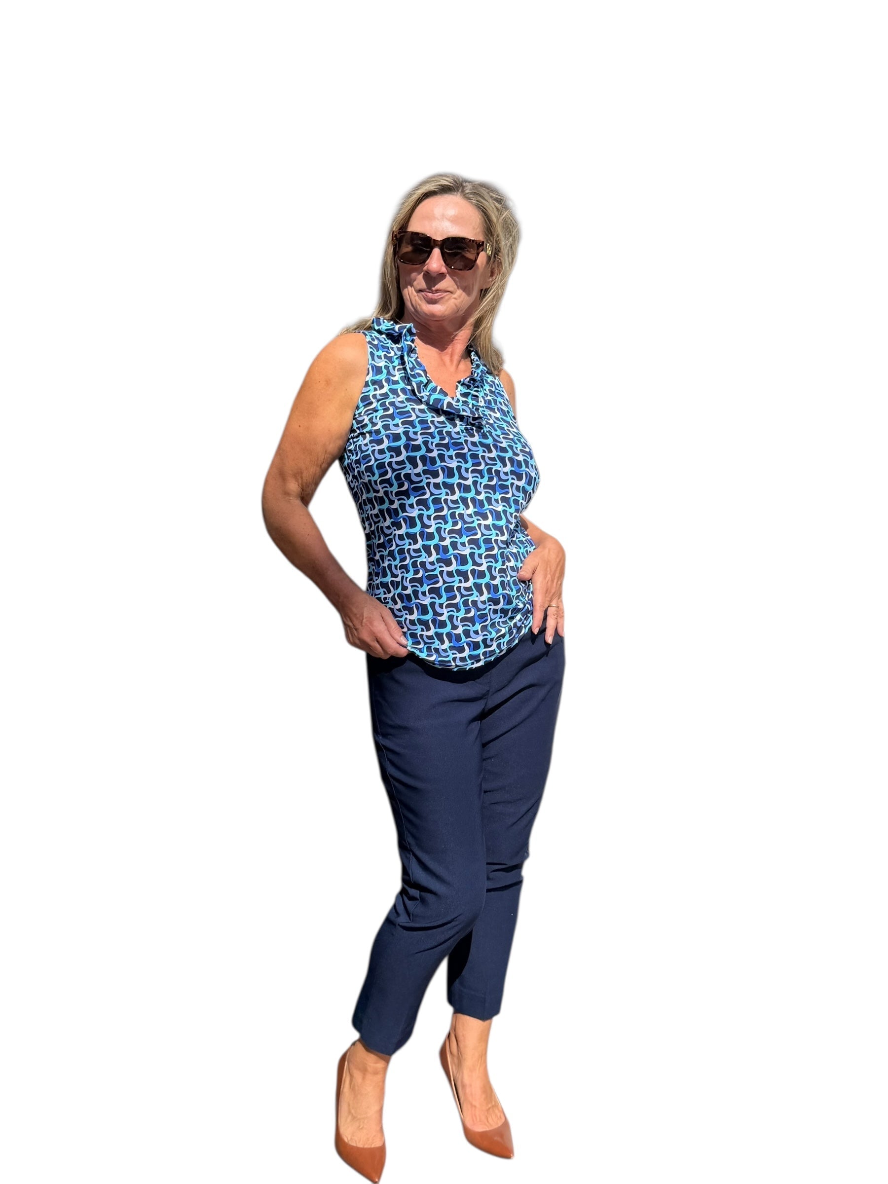 Ruffle - Neck Top with UPF50+ Navy Waves - Back of the Bay Boutique