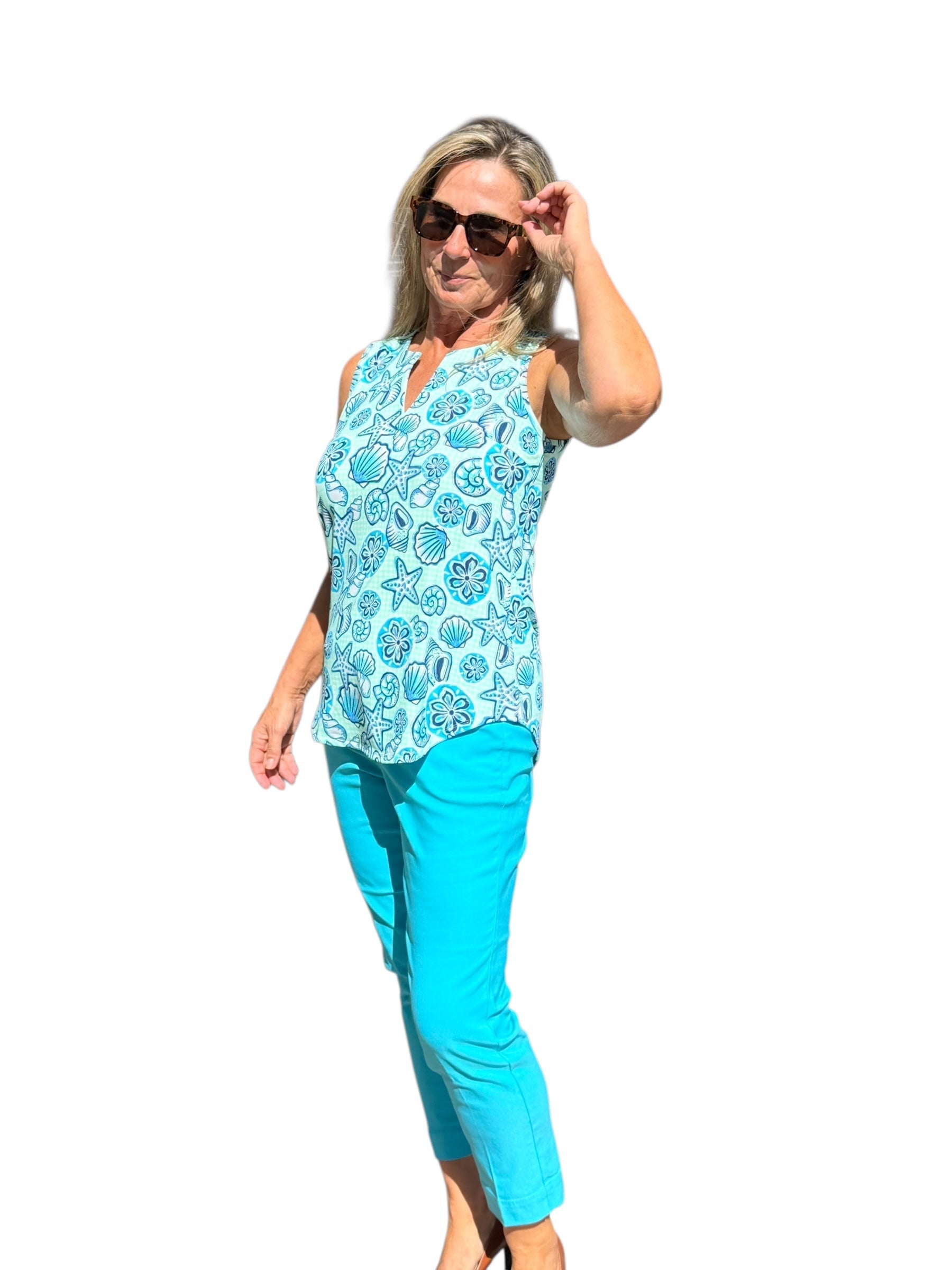 Keyhole Sleeveless Top with UPF50+ Ocean Shells Blue - Back of the Bay Boutique