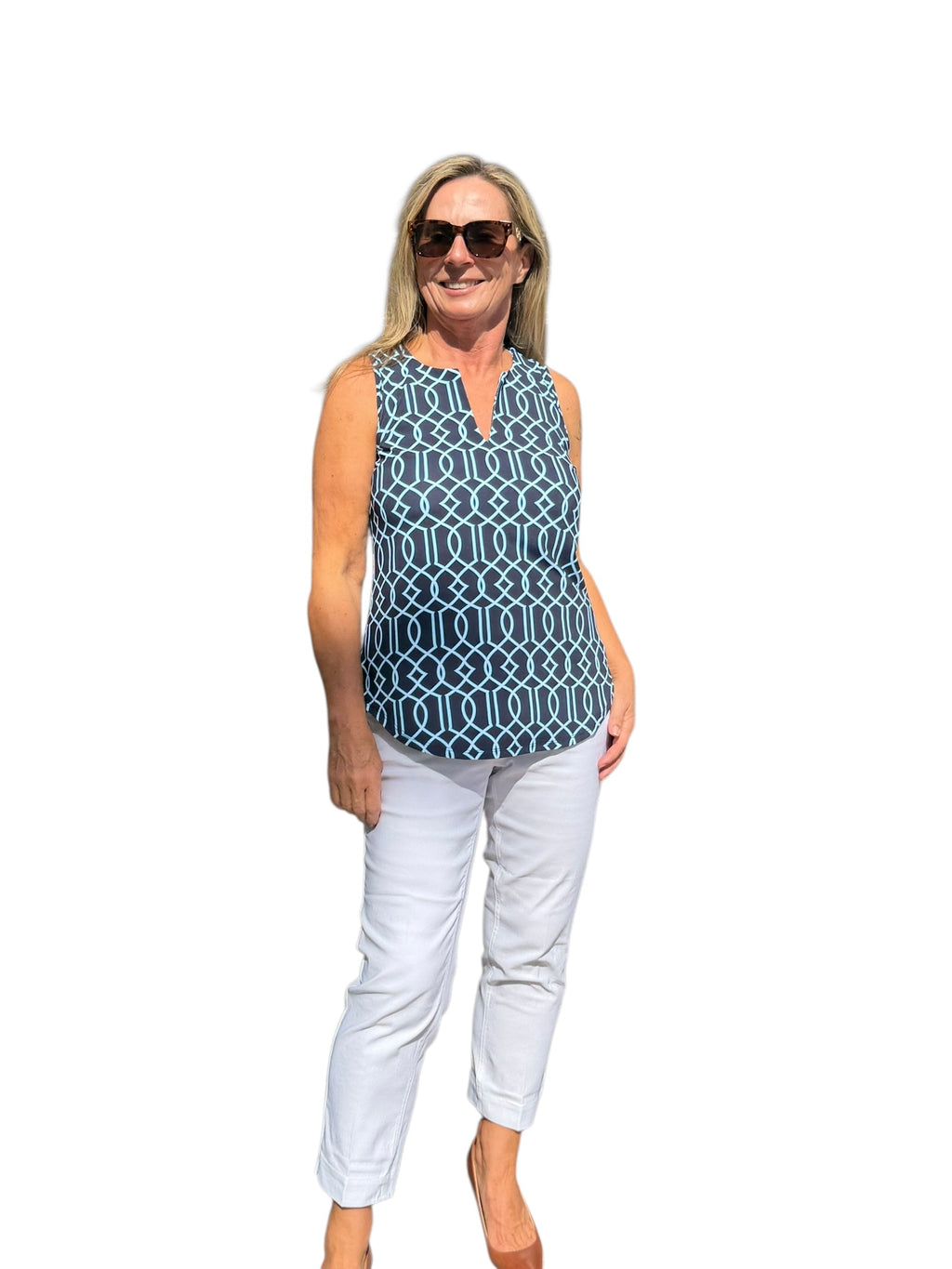 Keyhole Sleeveless Top with UPF50+ Geometric Lines Navy - Back of the Bay Boutique