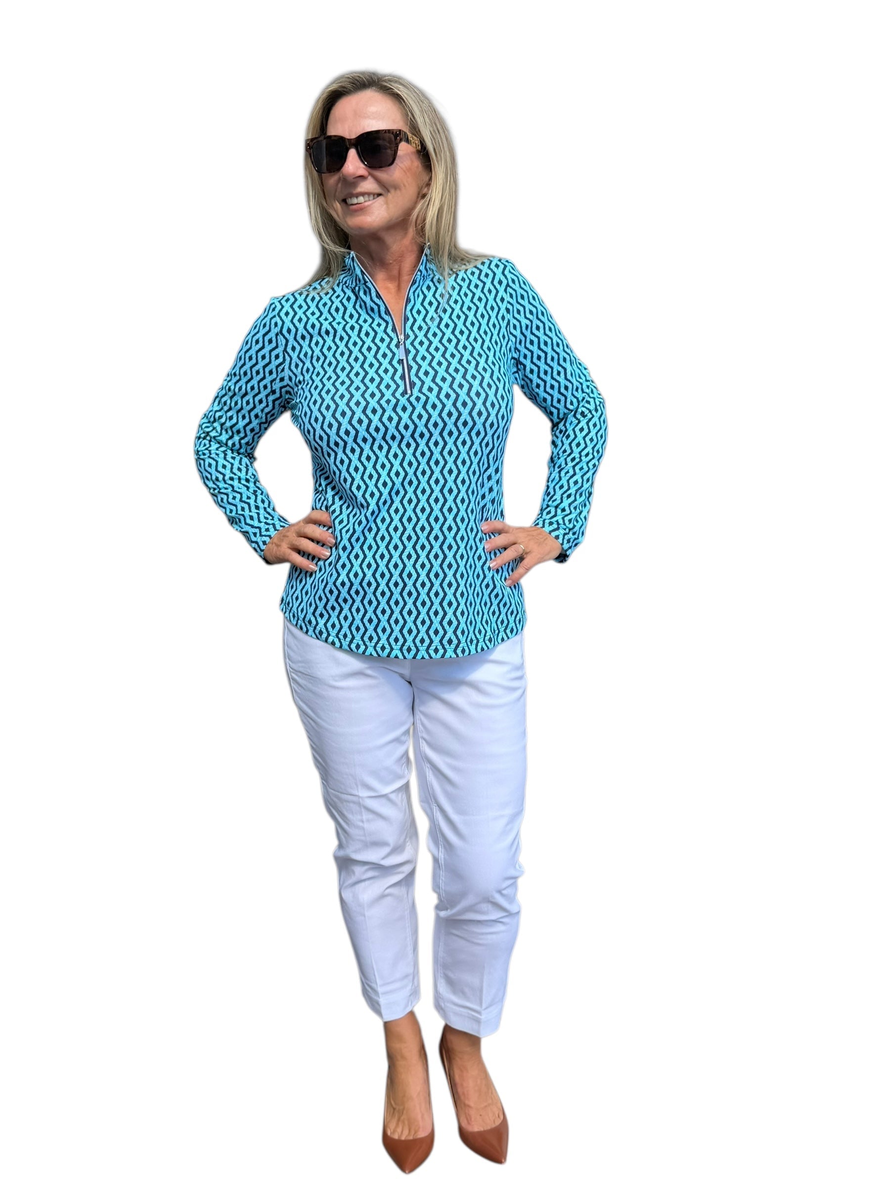 High Zip - Neck Long Sleeve Top with UPF50+ Nautical Ropes Turquoise - Back of the Bay Boutique