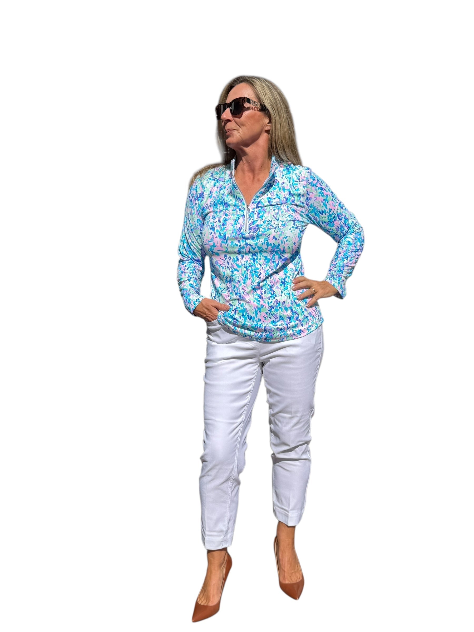 High Zip - Neck Long Sleeve Top with UPF50+ Confetti Pastel - Back of the Bay Boutique