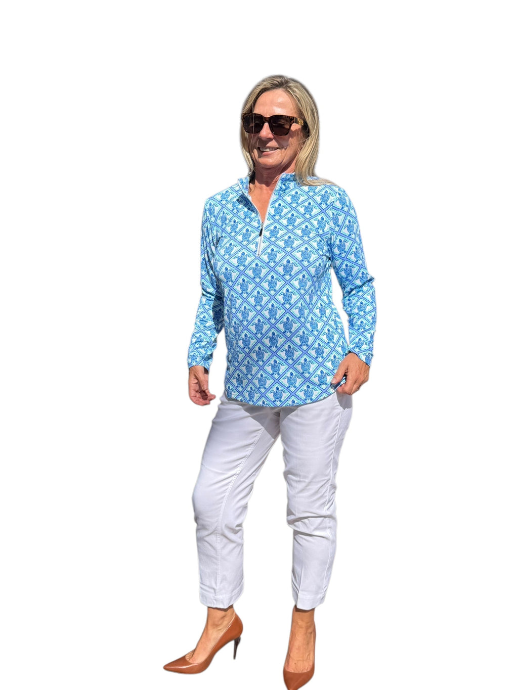 High Zip - Neck Long Sleeve Top with UPF50+ Blue Turtles - Back of the Bay Boutique
