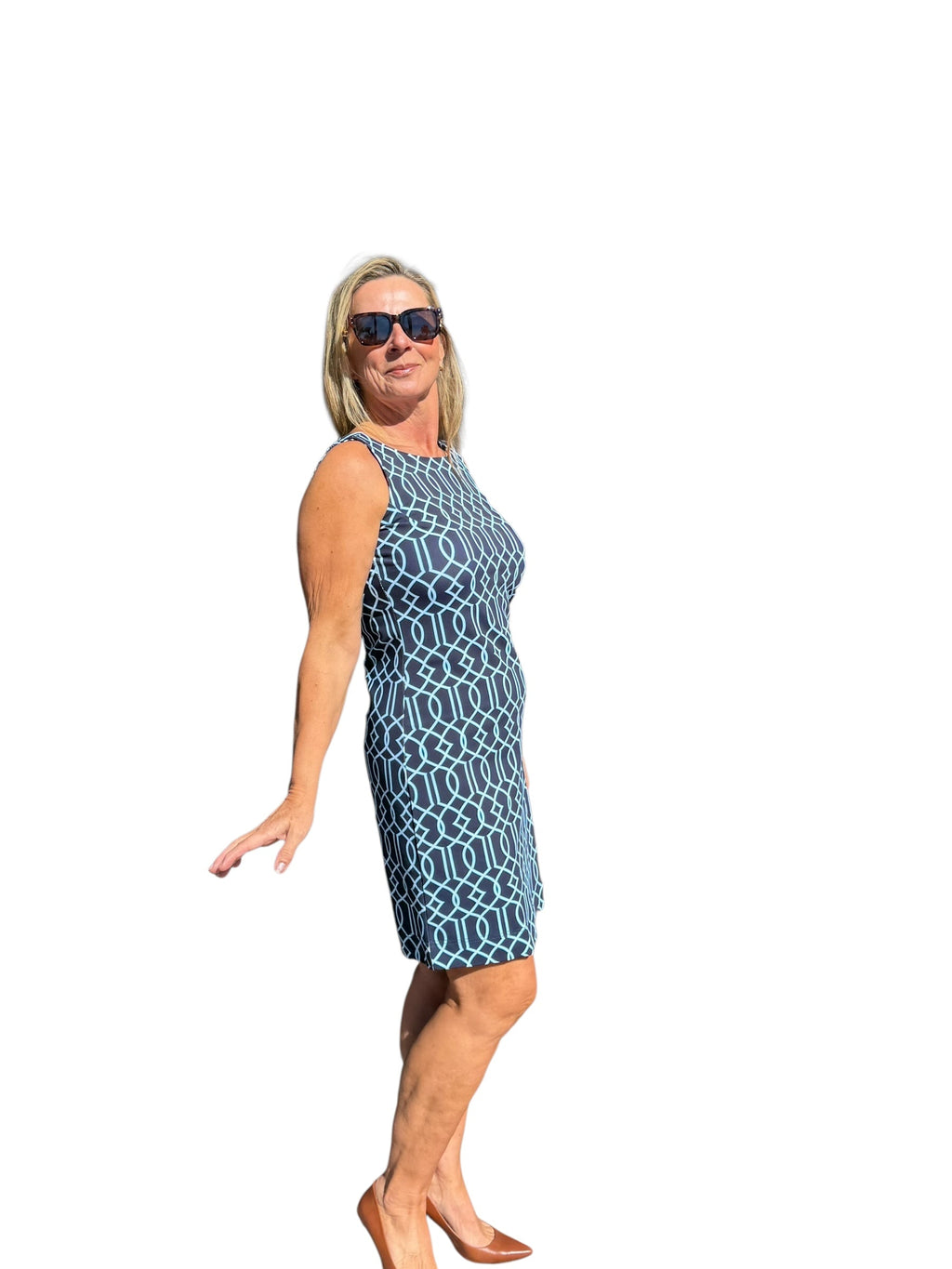 Classic Shift Dress with UPF50+ Geometric Lines Navy - Back of the Bay Boutique