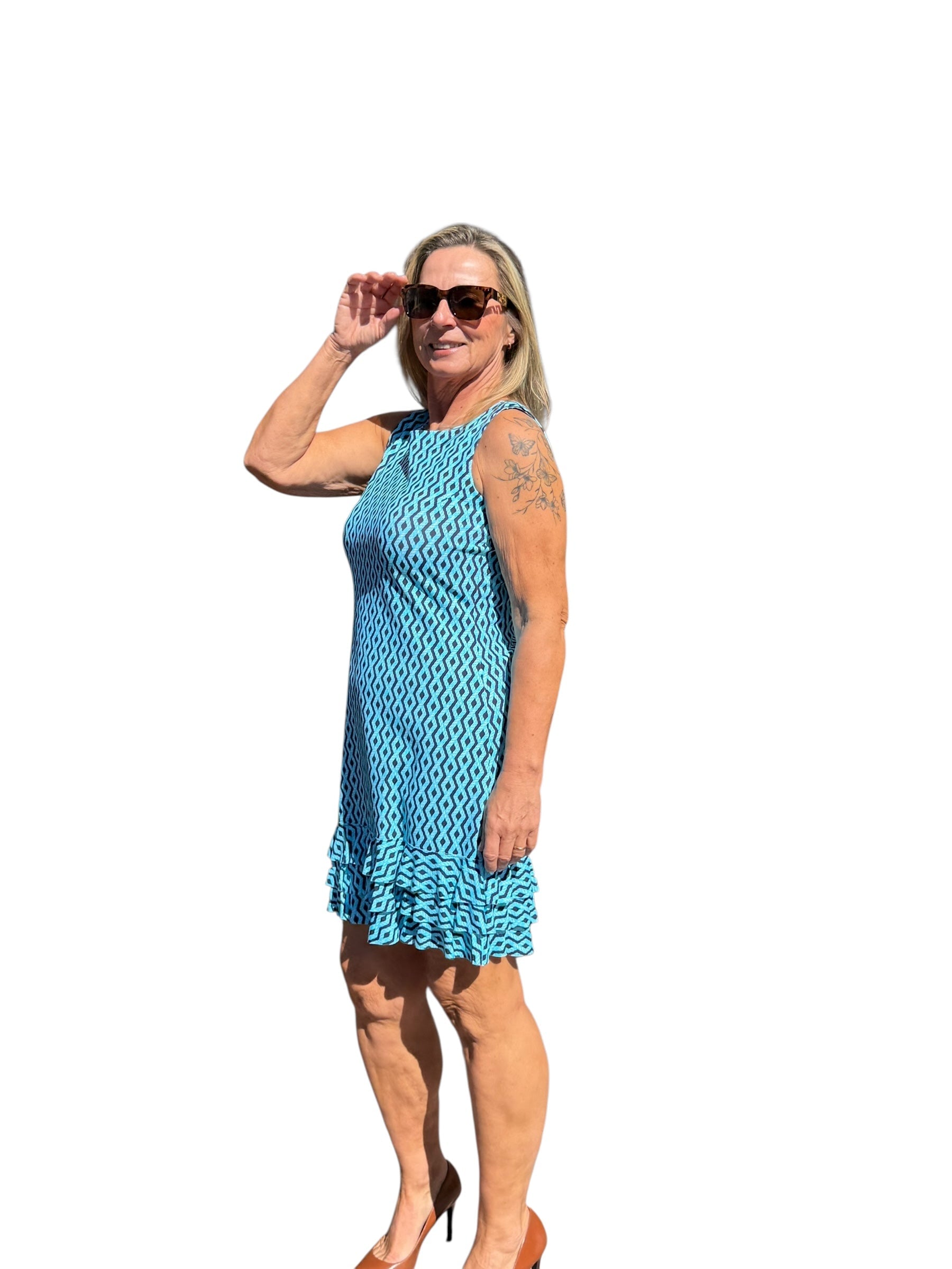 Sleeveless Dress with Ruffles with UPF50+ Nautical Ropes Turquoise - Back of the Bay Boutique