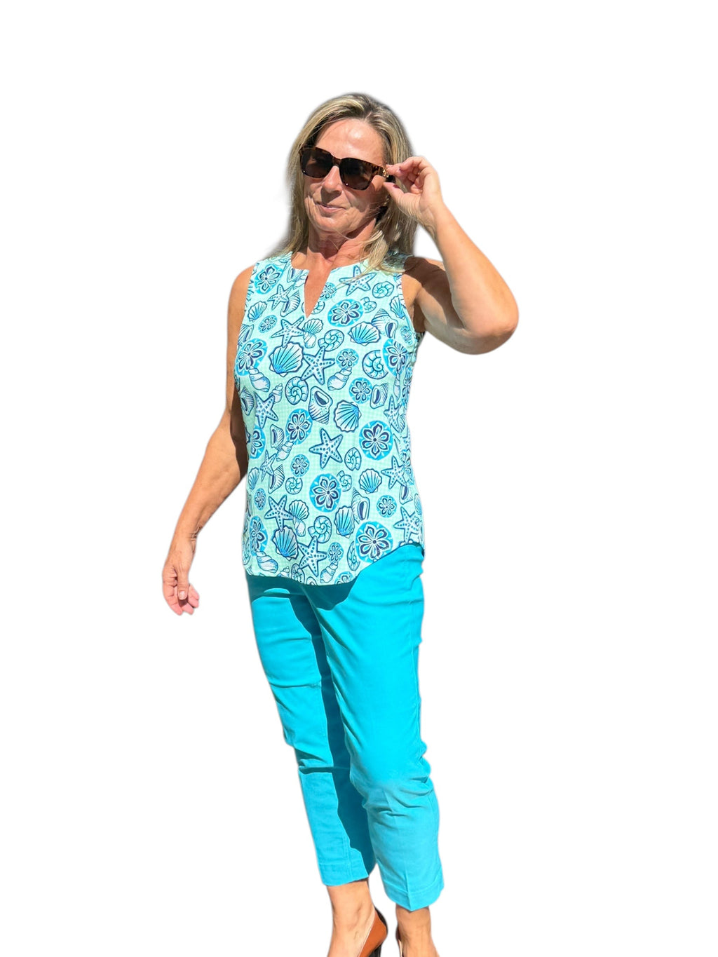 Keyhole Sleeveless Top with UPF50+ Ocean Shells Blue - Back of the Bay Boutique
