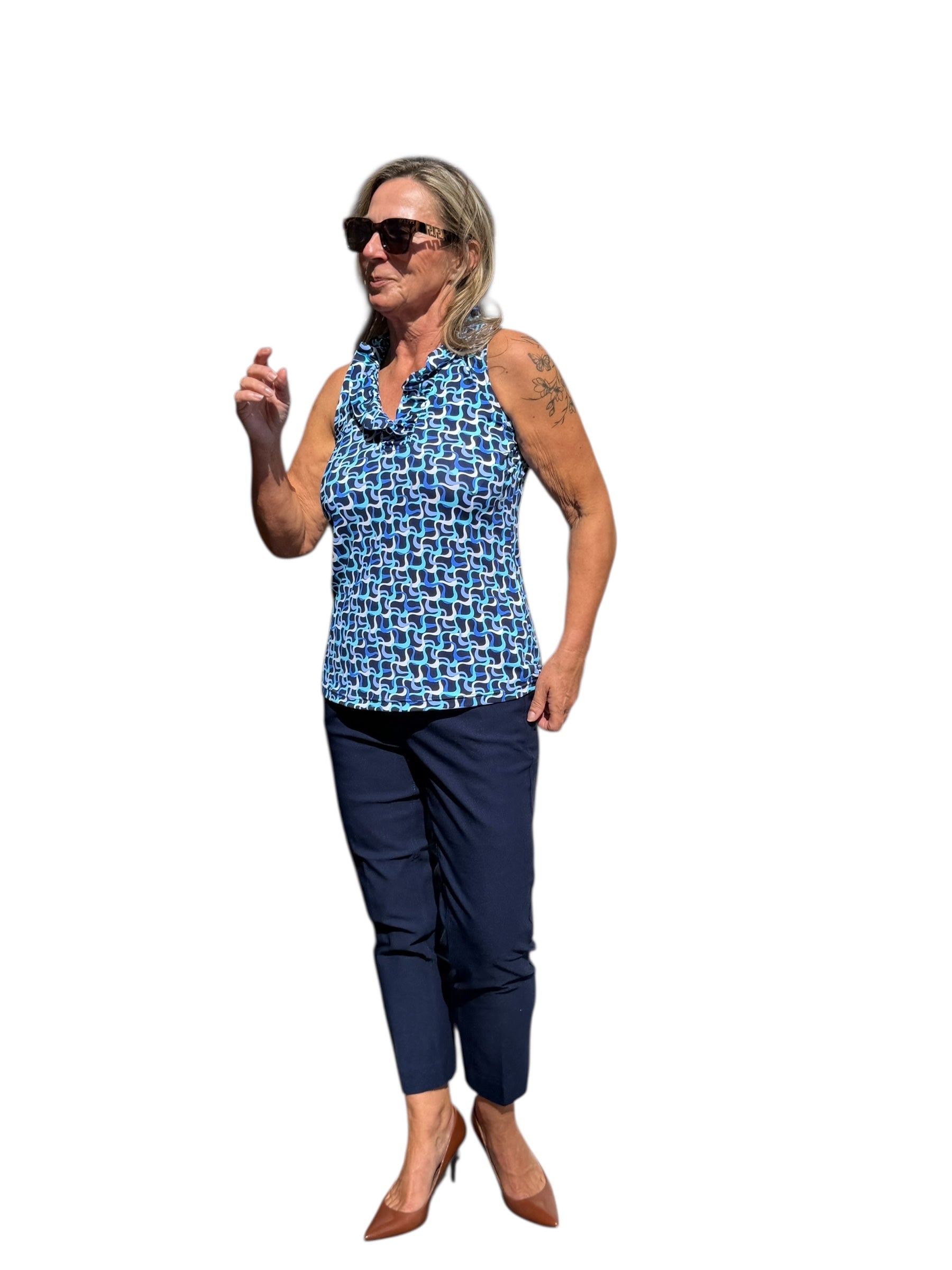 Ruffle - Neck Top with UPF50+ Navy Waves - Back of the Bay Boutique