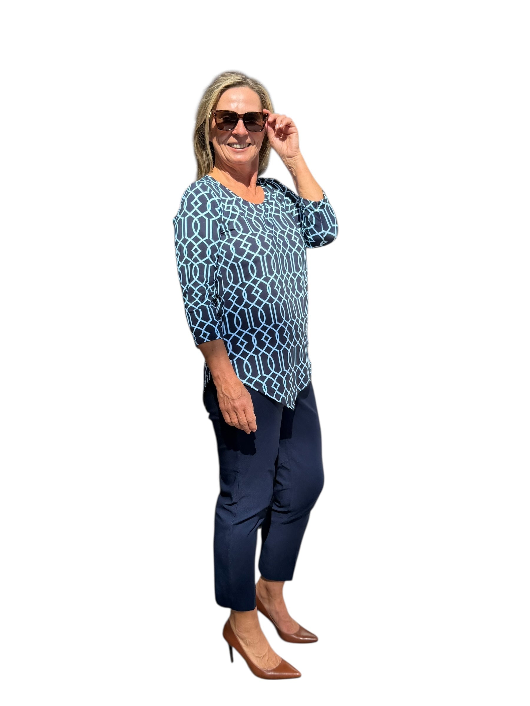 Asymmetrical Hemline Top with UPF50+ Geometric Lines Navy - Back of the Bay Boutique