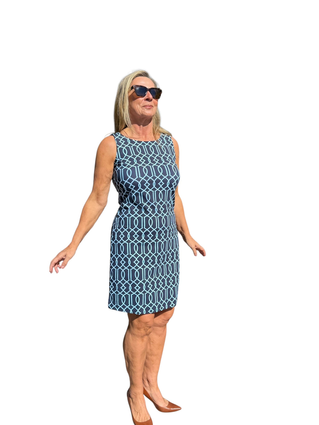 Classic Shift Dress with UPF50+ Geometric Lines Navy - Back of the Bay Boutique