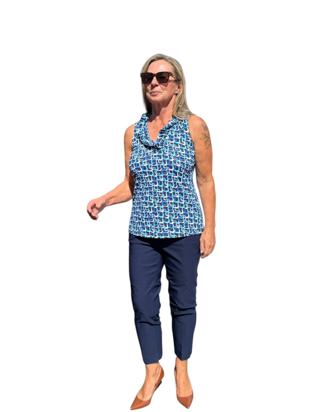 Ruffle - Neck Top with UPF50+ Navy Waves - Back of the Bay Boutique