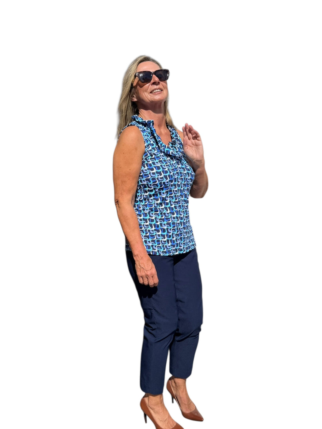 Ruffle - Neck Top with UPF50+ Navy Waves - Back of the Bay Boutique