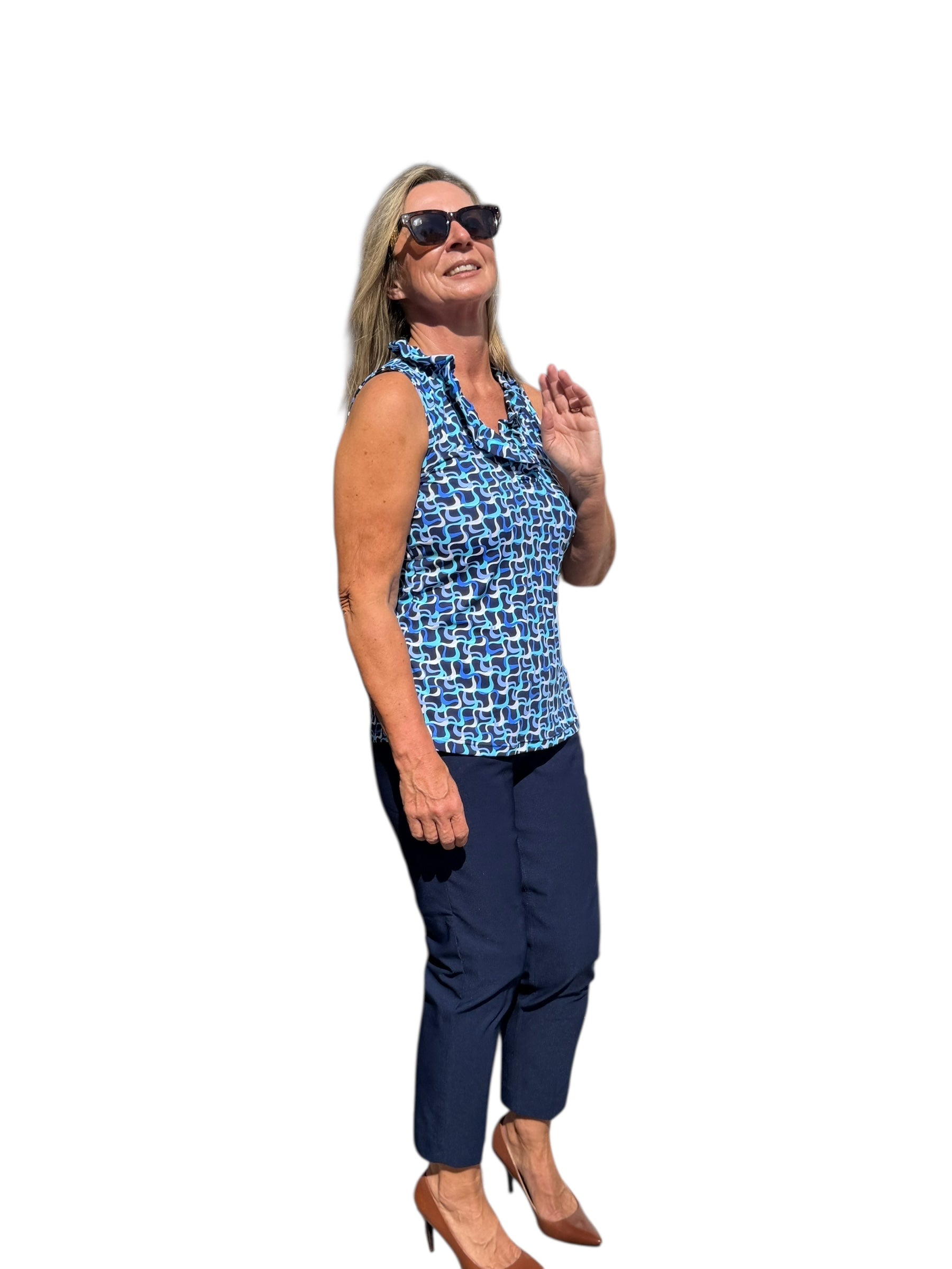 Ruffle - Neck Top with UPF50+ Navy Waves - Back of the Bay Boutique