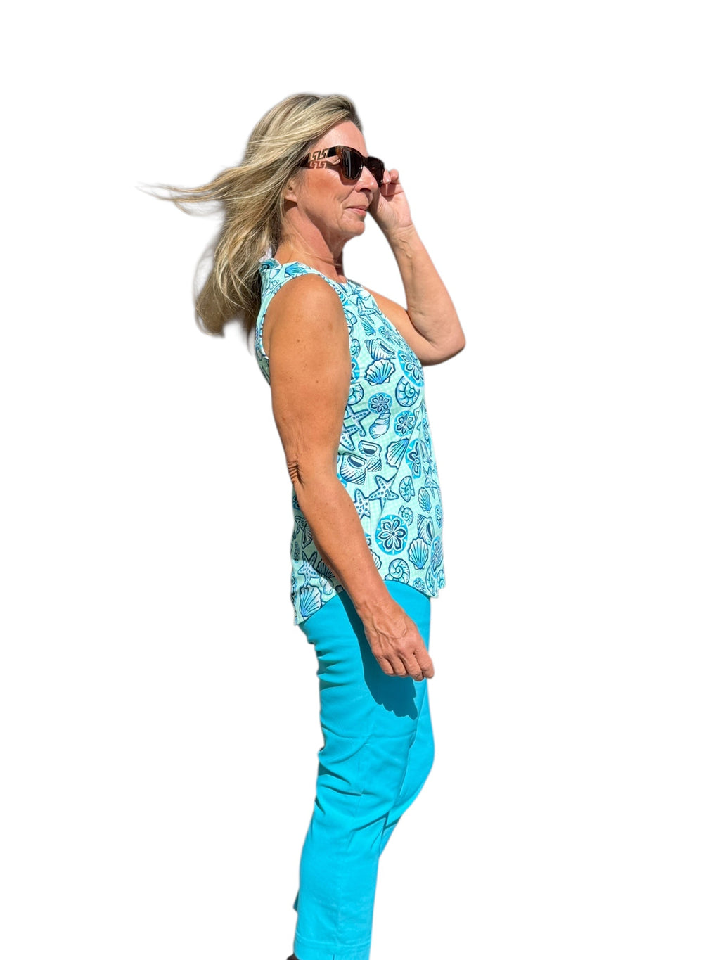 Keyhole Sleeveless Top with UPF50+ Ocean Shells Blue - Back of the Bay Boutique