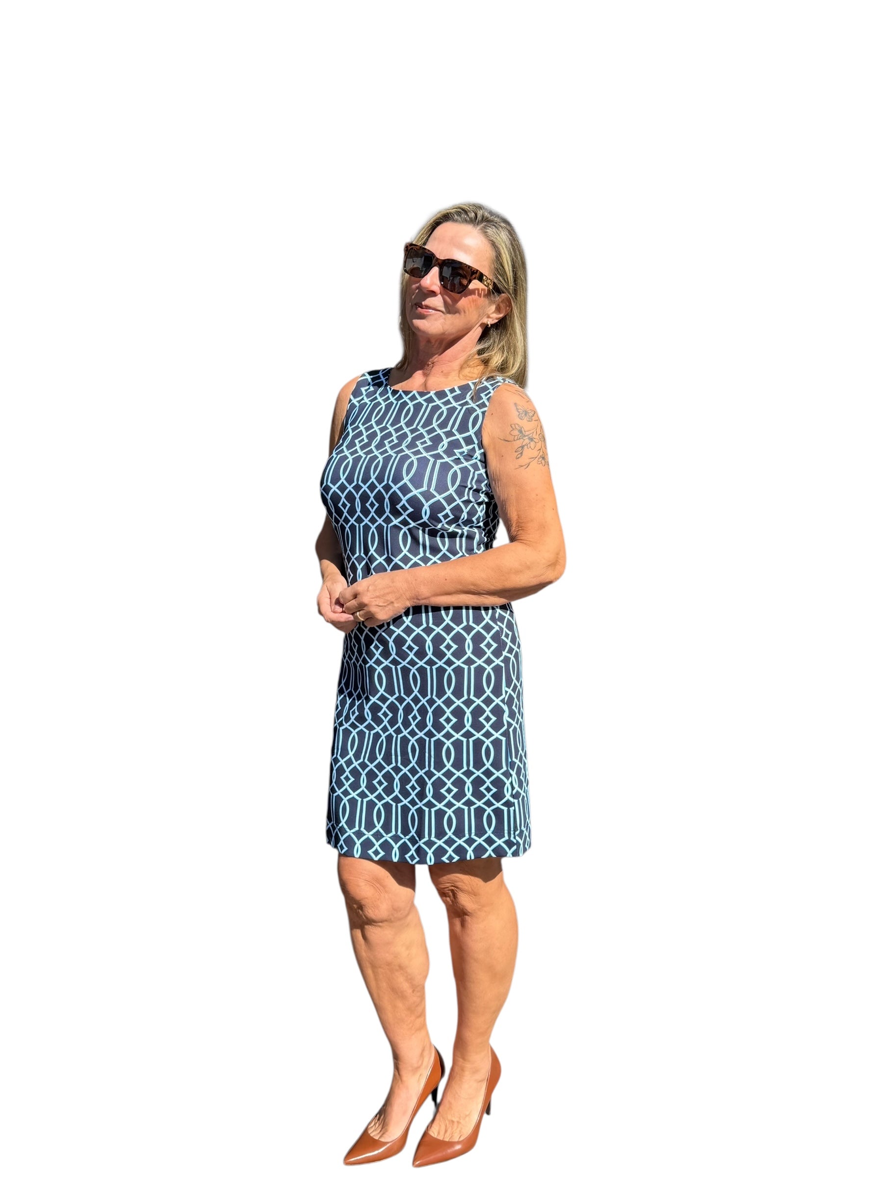 Classic Shift Dress with UPF50+ Geometric Lines Navy - Back of the Bay Boutique