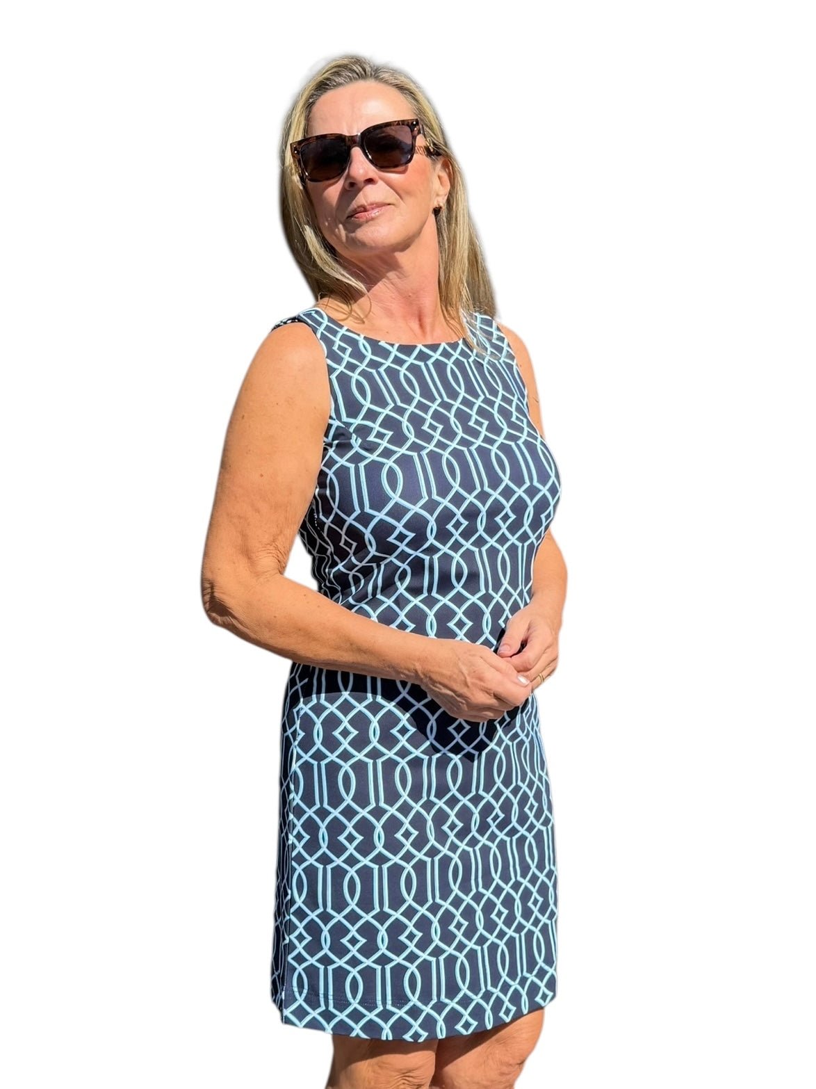 Classic Shift Dress with UPF50+ Geometric Lines Navy - Back of the Bay Boutique