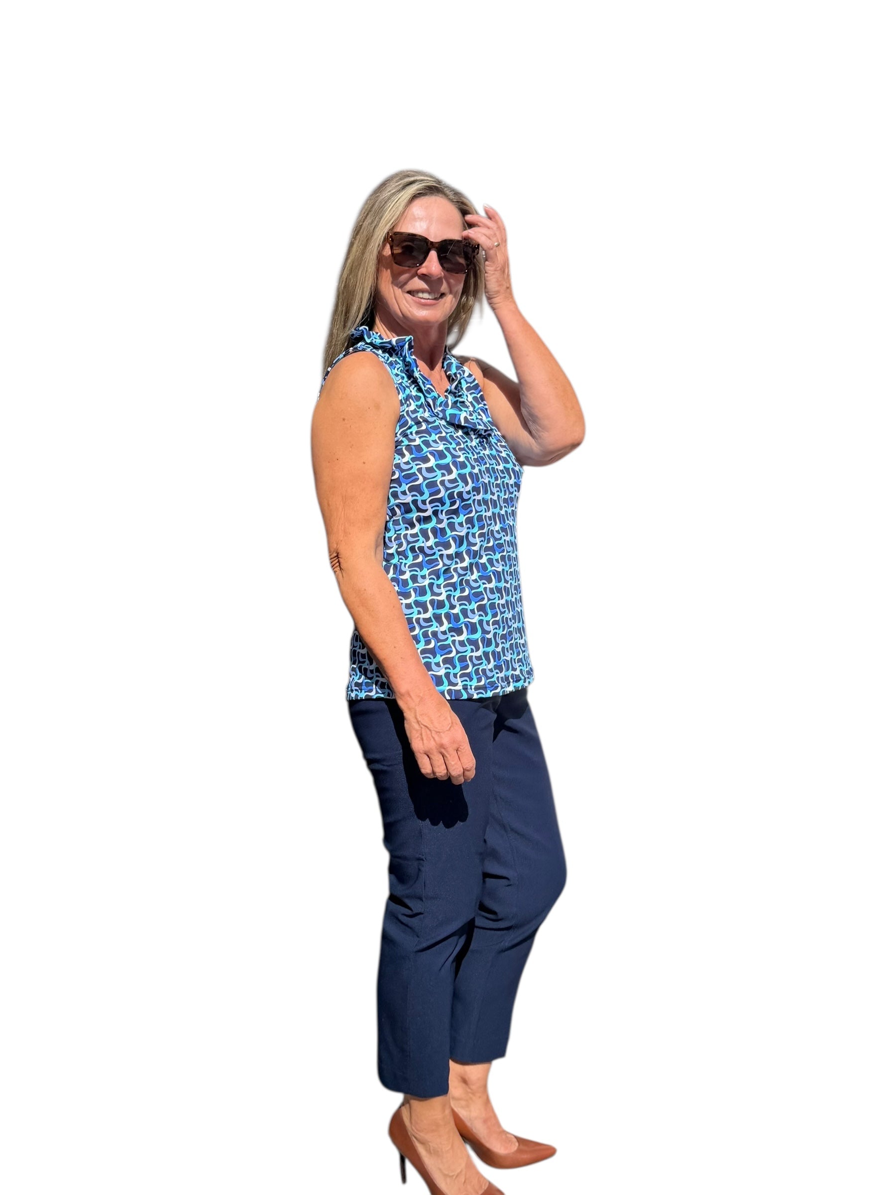 Ruffle - Neck Top with UPF50+ Navy Waves - Back of the Bay Boutique