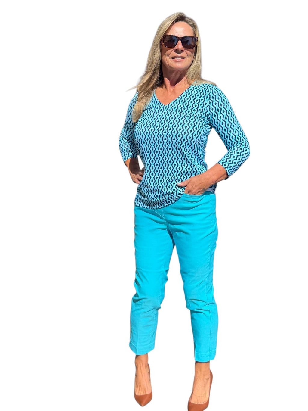 V - Neck Top with UPF50+ Nautical Ropes Turquoise - Back of the Bay Boutique