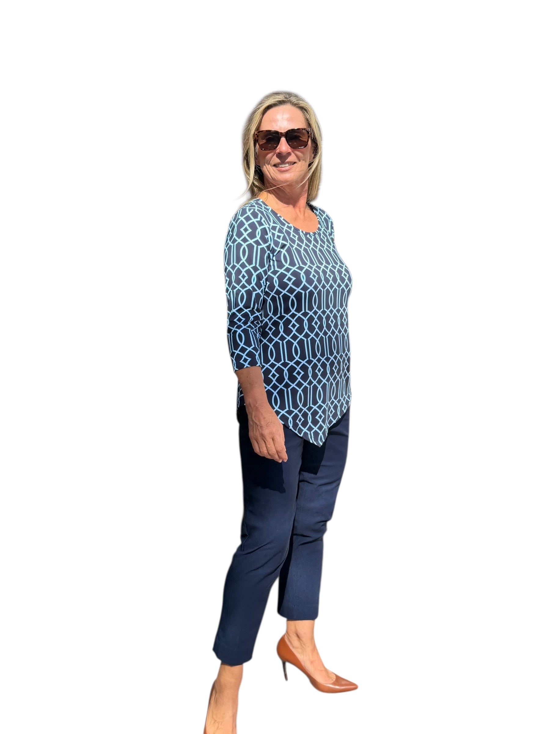 Asymmetrical Hemline Top with UPF50+ Geometric Lines Navy - Back of the Bay Boutique