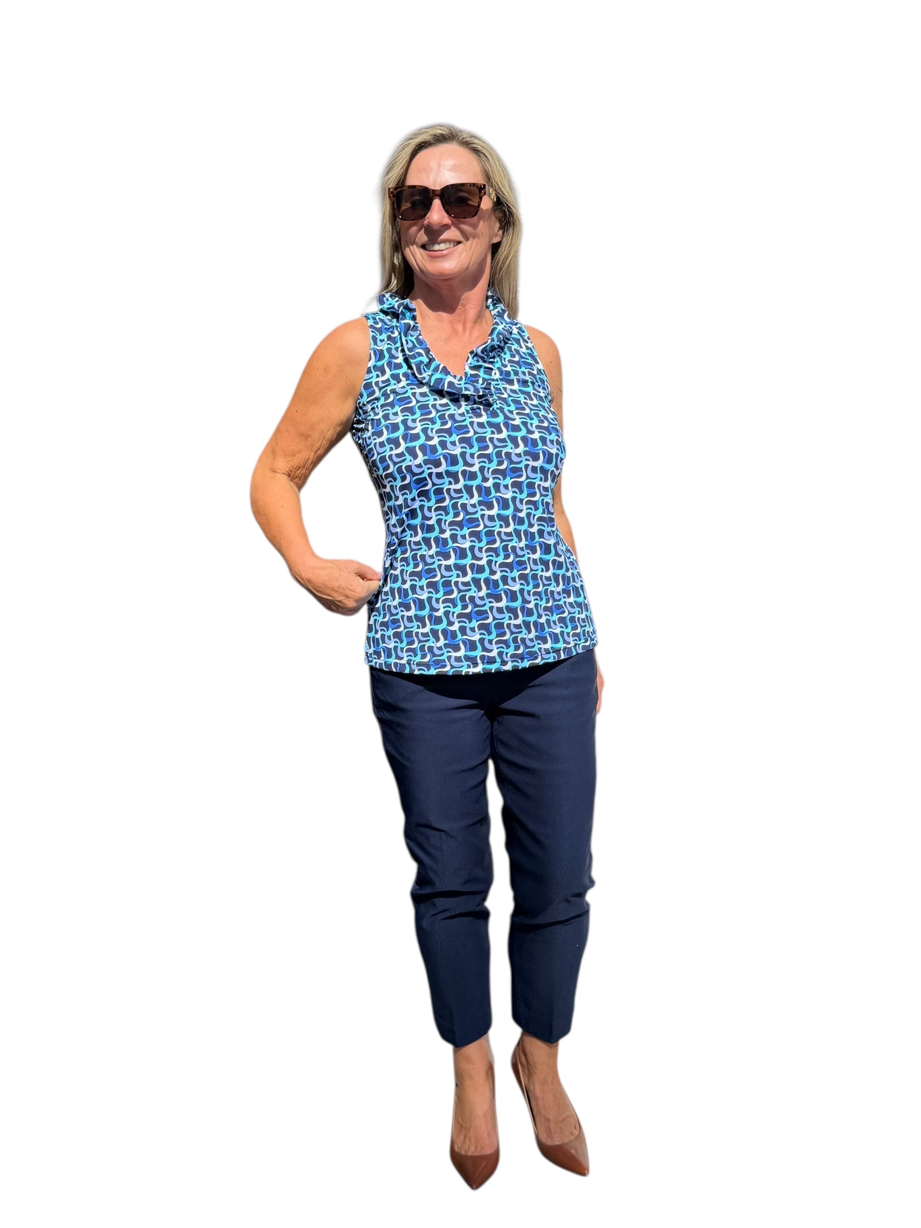 Ruffle - Neck Top with UPF50+ Navy Waves - Back of the Bay Boutique