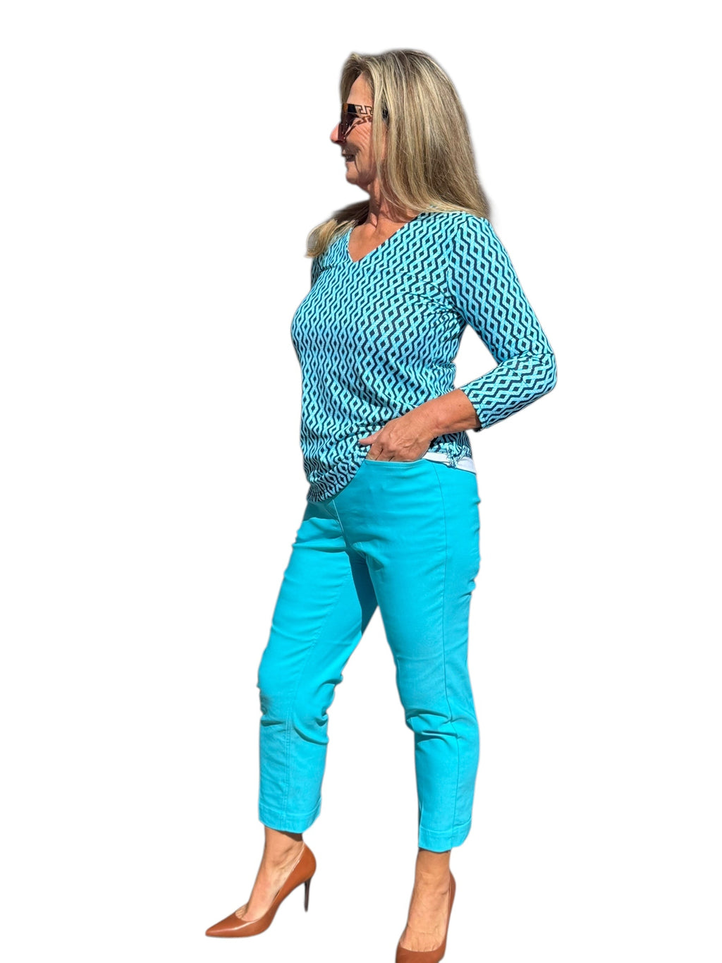 V - Neck Top with UPF50+ Nautical Ropes Turquoise - Back of the Bay Boutique