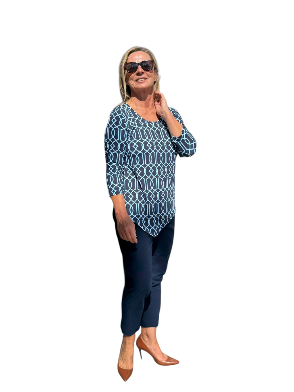 Asymmetrical Hemline Top with UPF50+ Geometric Lines Navy - Back of the Bay Boutique
