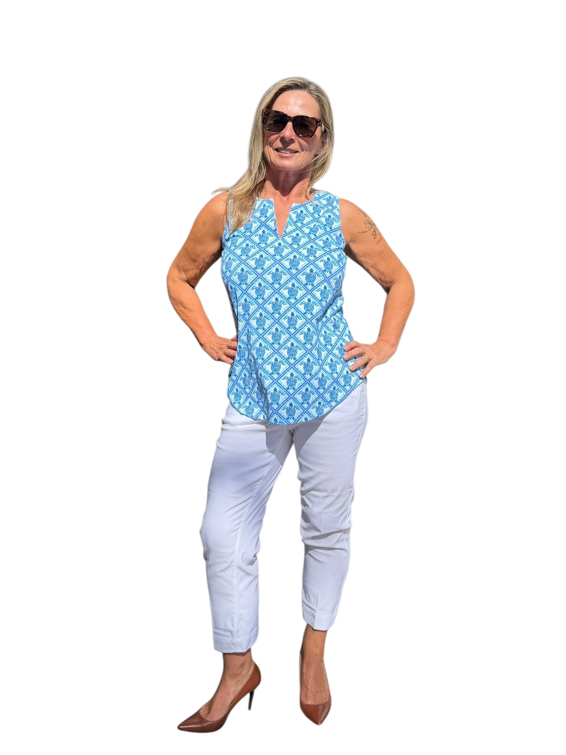 Keyhole Sleeveless Top with UPF50+ Blue Turtles - Back of the Bay Boutique