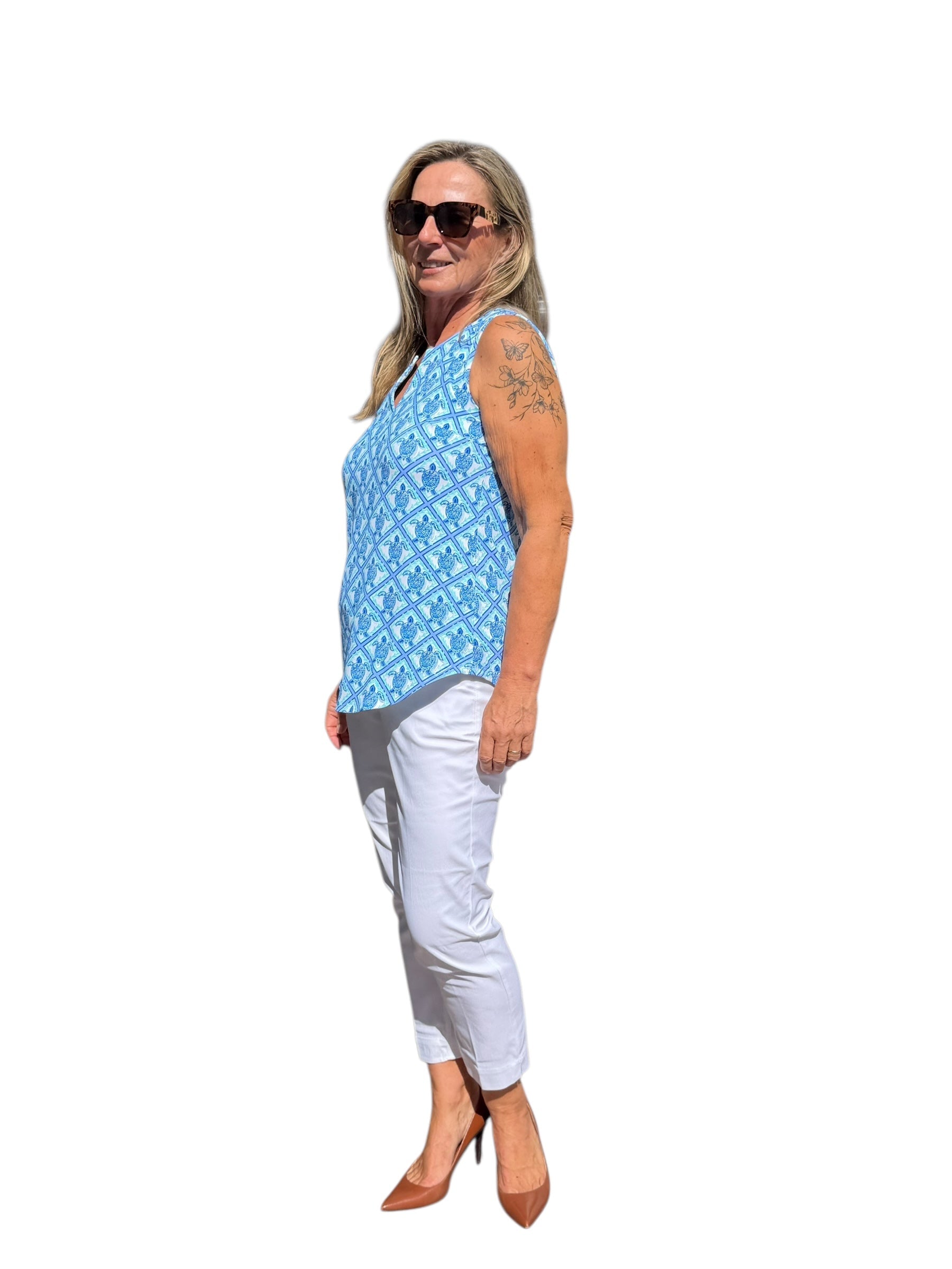 Keyhole Sleeveless Top with UPF50+ Blue Turtles - Back of the Bay Boutique