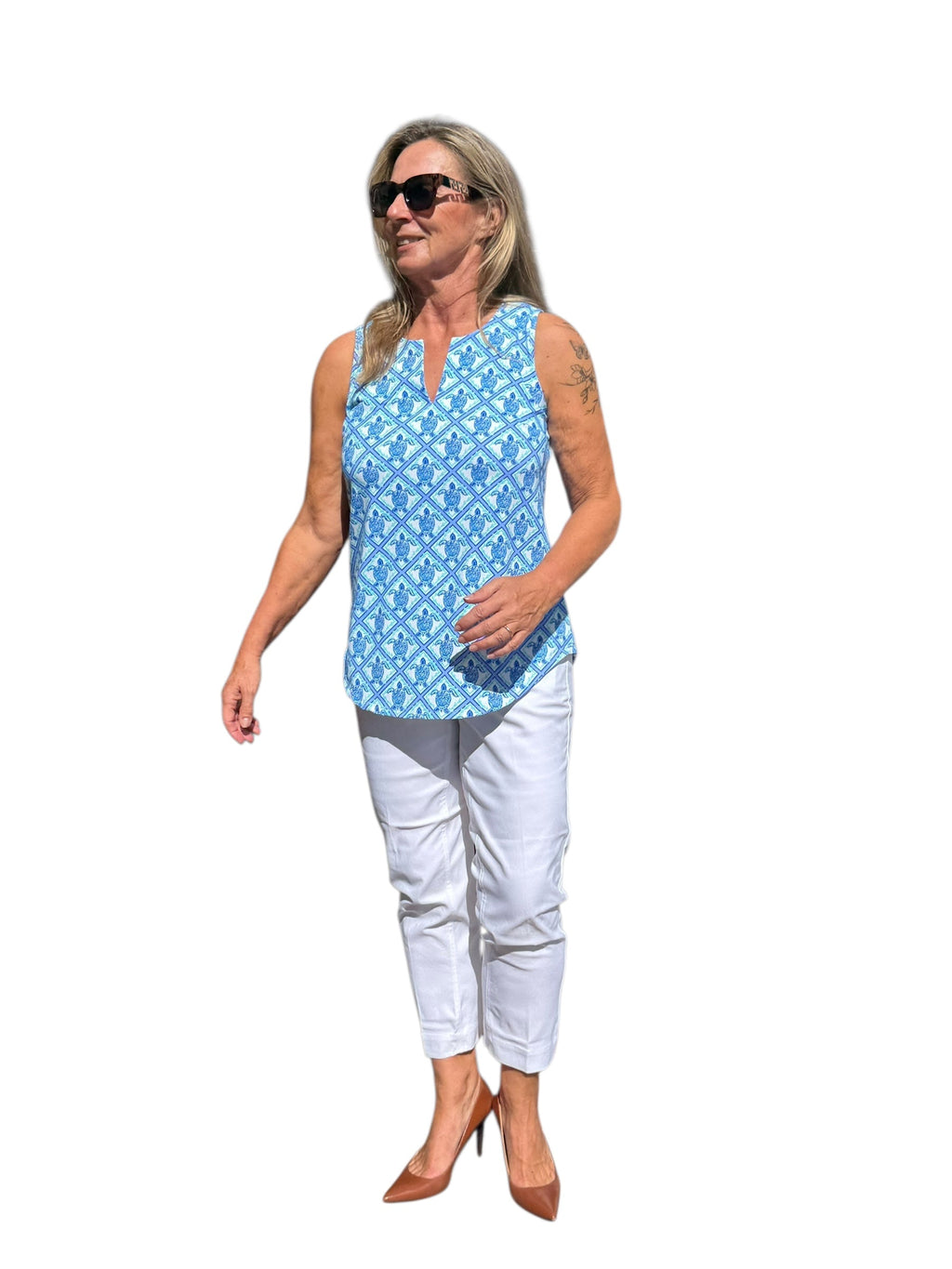 Keyhole Sleeveless Top with UPF50+ Blue Turtles - Back of the Bay Boutique