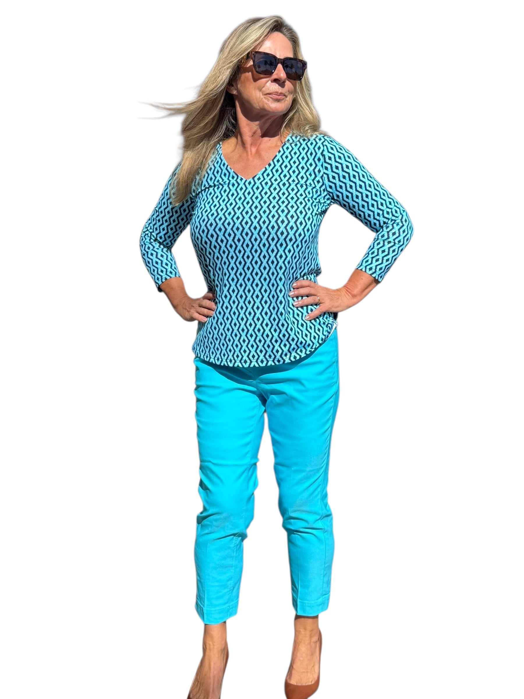 V - Neck Top with UPF50+ Nautical Ropes Turquoise - Back of the Bay Boutique