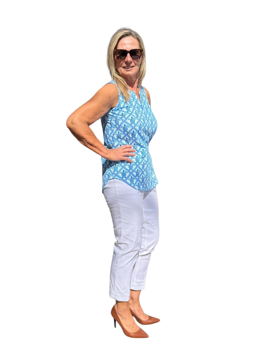 Keyhole Sleeveless Top with UPF50+ Blue Turtles - Back of the Bay Boutique