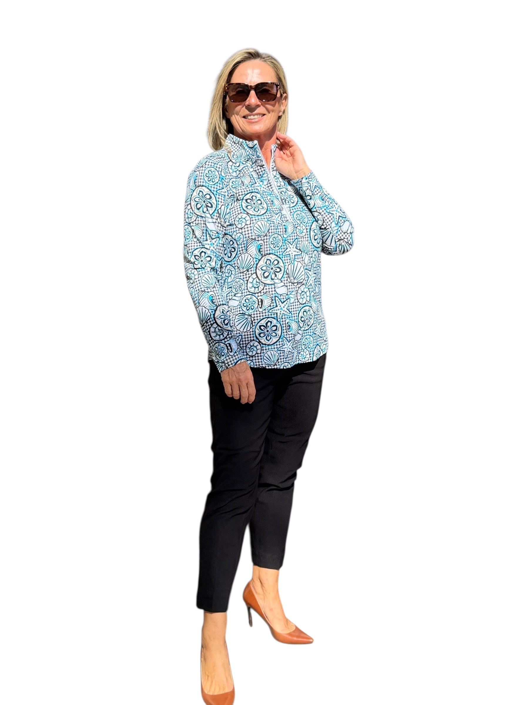 High Zip - Neck Long Sleeve Top with UPF50+ Ocean Shells Black - Back of the Bay Boutique