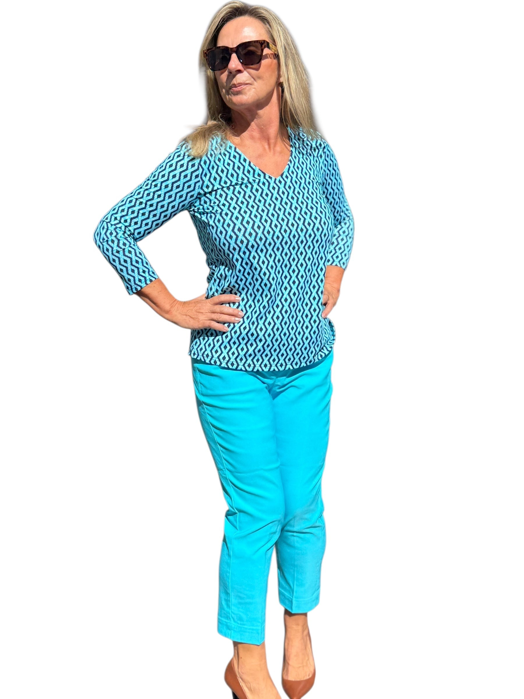 V - Neck Top with UPF50+ Nautical Ropes Turquoise - Back of the Bay Boutique