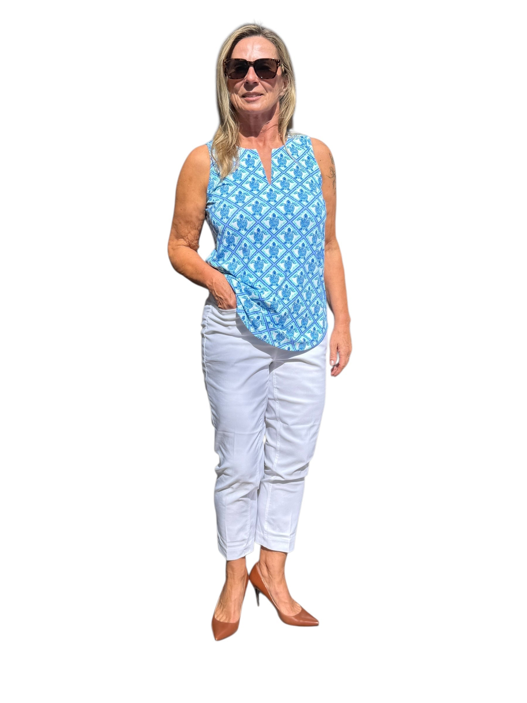 Keyhole Sleeveless Top with UPF50+ Blue Turtles - Back of the Bay Boutique