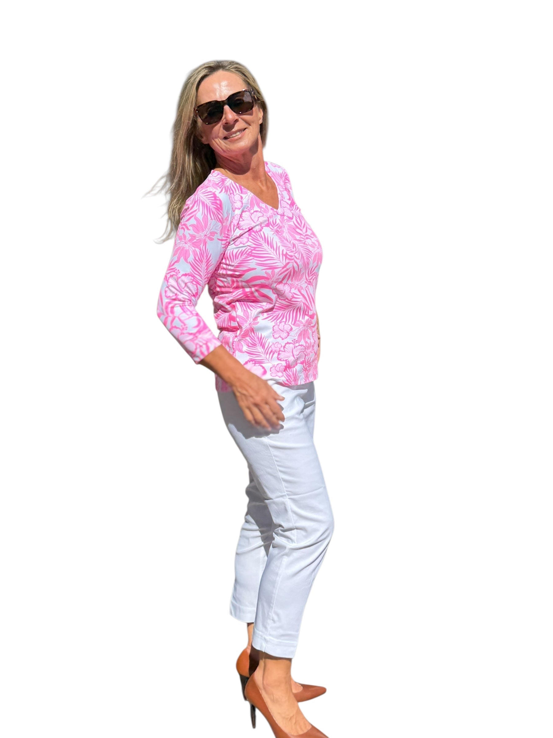 V - Neck Top with UPF50+ Summer Breeze Pink - Back of the Bay Boutique