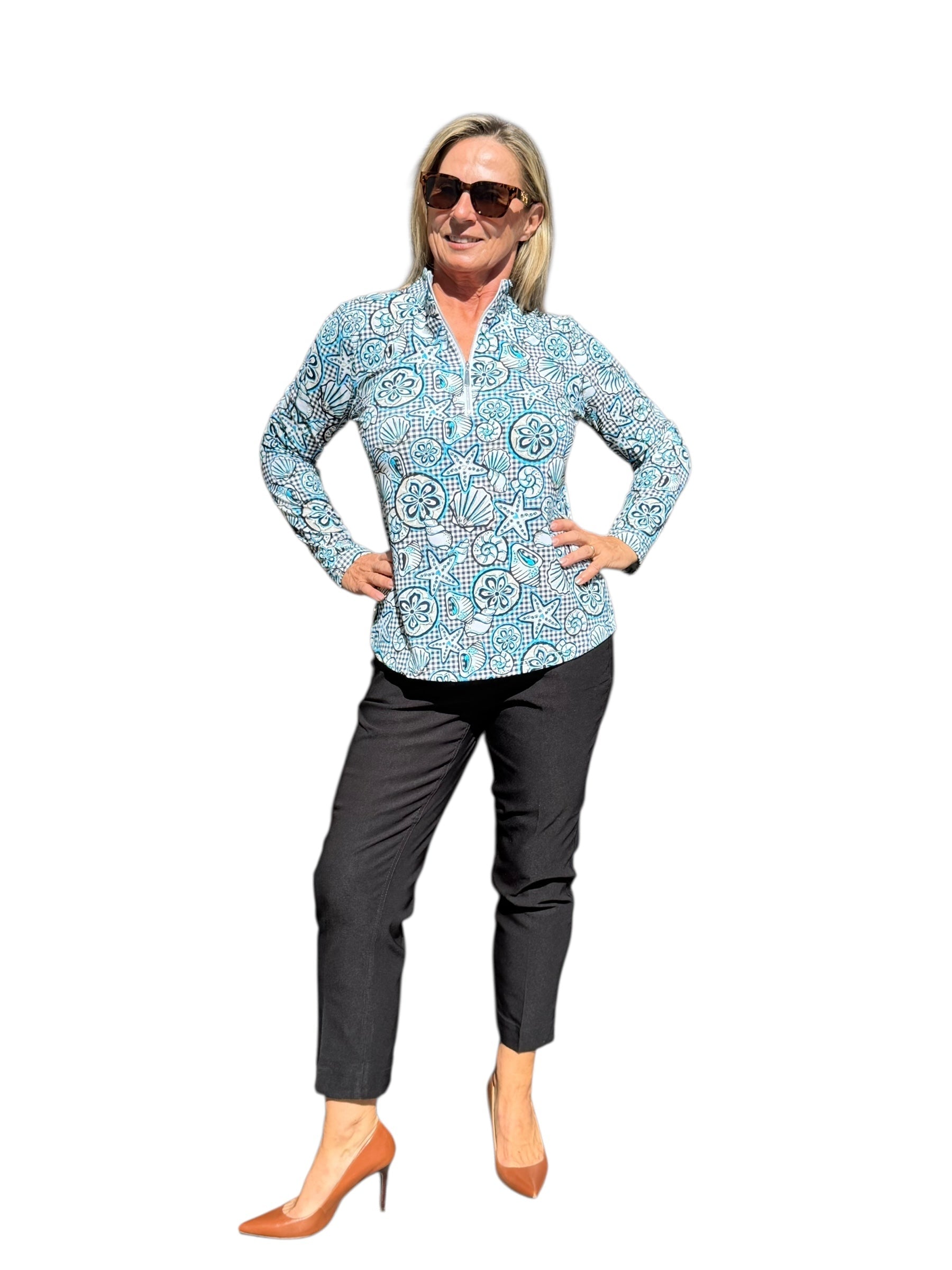 High Zip - Neck Long Sleeve Top with UPF50+ Ocean Shells Black - Back of the Bay Boutique