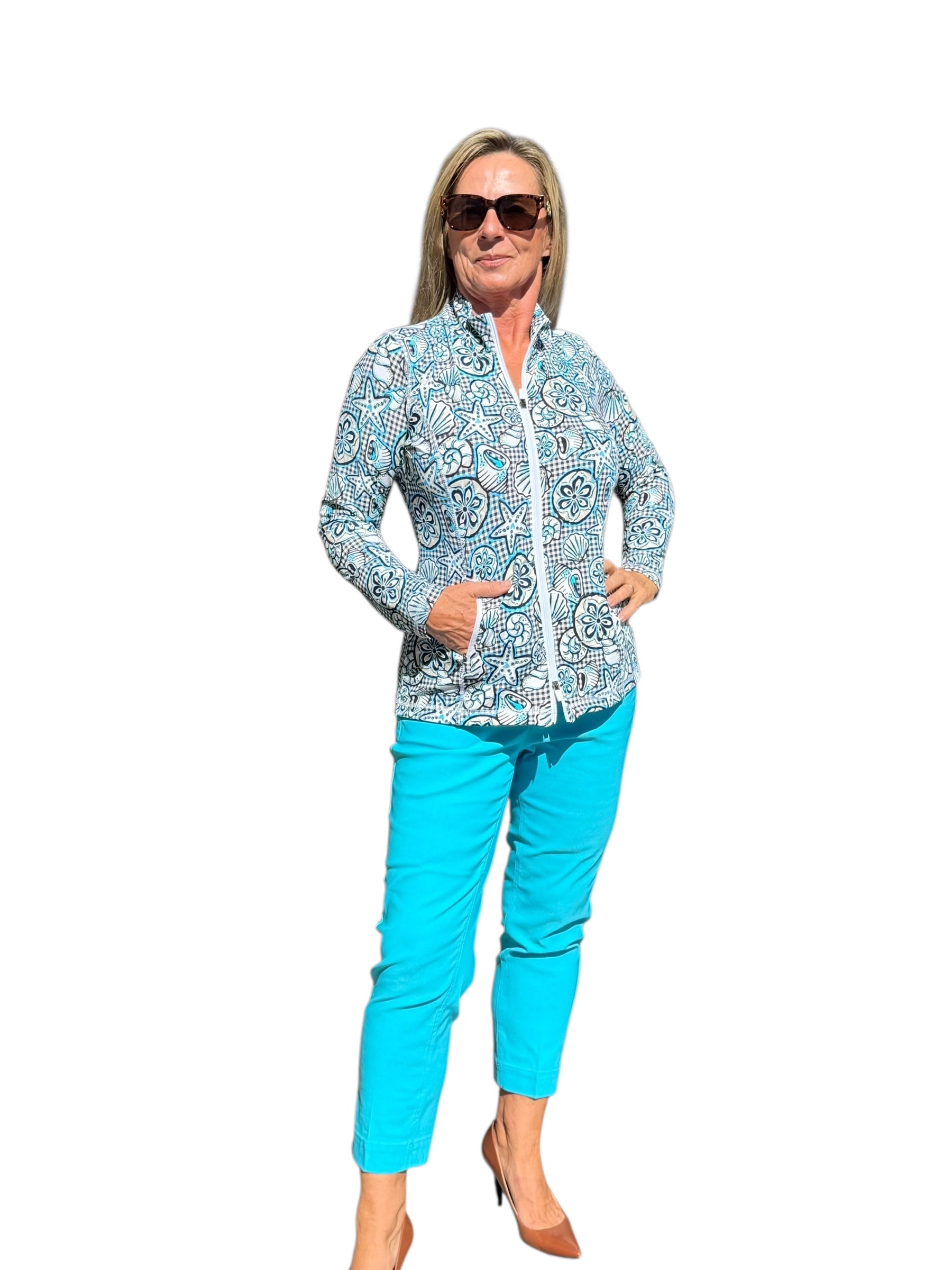 Zip - Up Long Sleeve Jacket with UPF50+ Ocean Shells Black - Back of the Bay Boutique