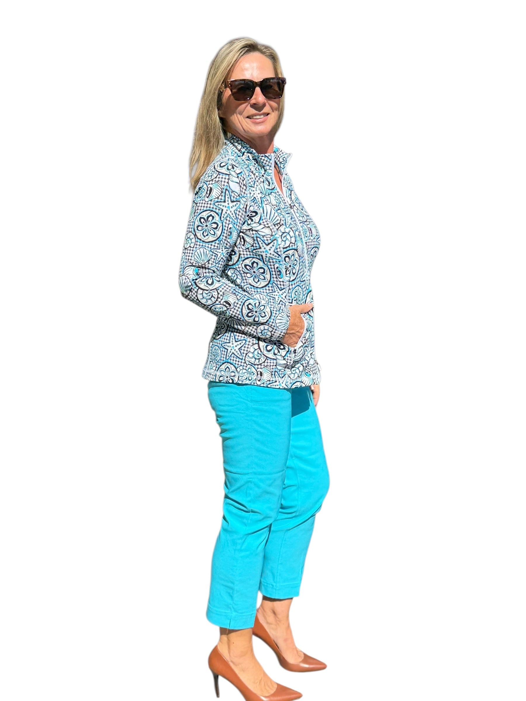 Zip - Up Long Sleeve Jacket with UPF50+ Ocean Shells Black - Back of the Bay Boutique