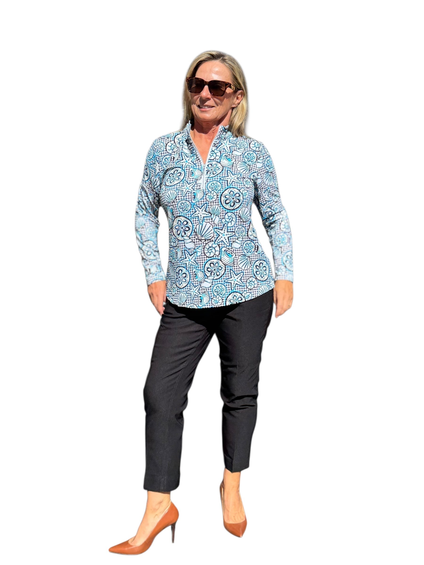 High Zip - Neck Long Sleeve Top with UPF50+ Ocean Shells Black - Back of the Bay Boutique