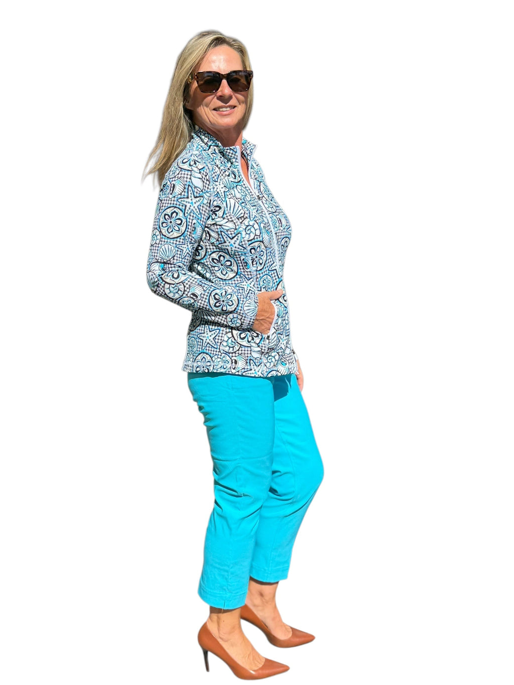 Zip - Up Long Sleeve Jacket with UPF50+ Ocean Shells Black - Back of the Bay Boutique