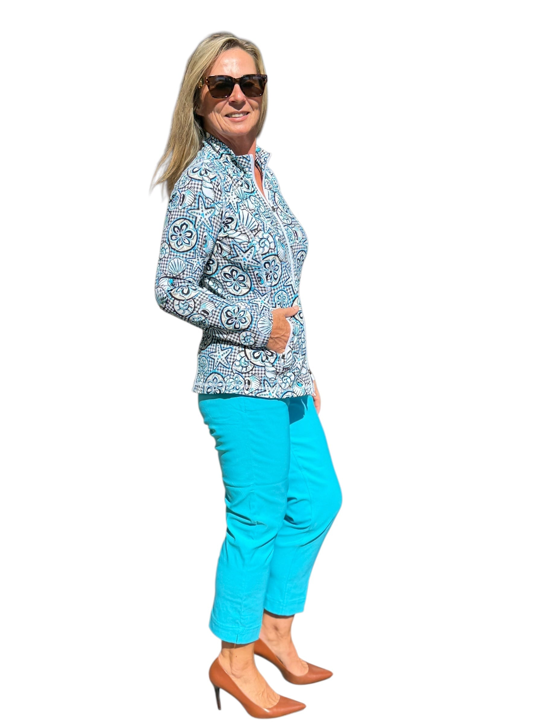 Zip - Up Long Sleeve Jacket with UPF50+ Ocean Shells Black - Back of the Bay Boutique