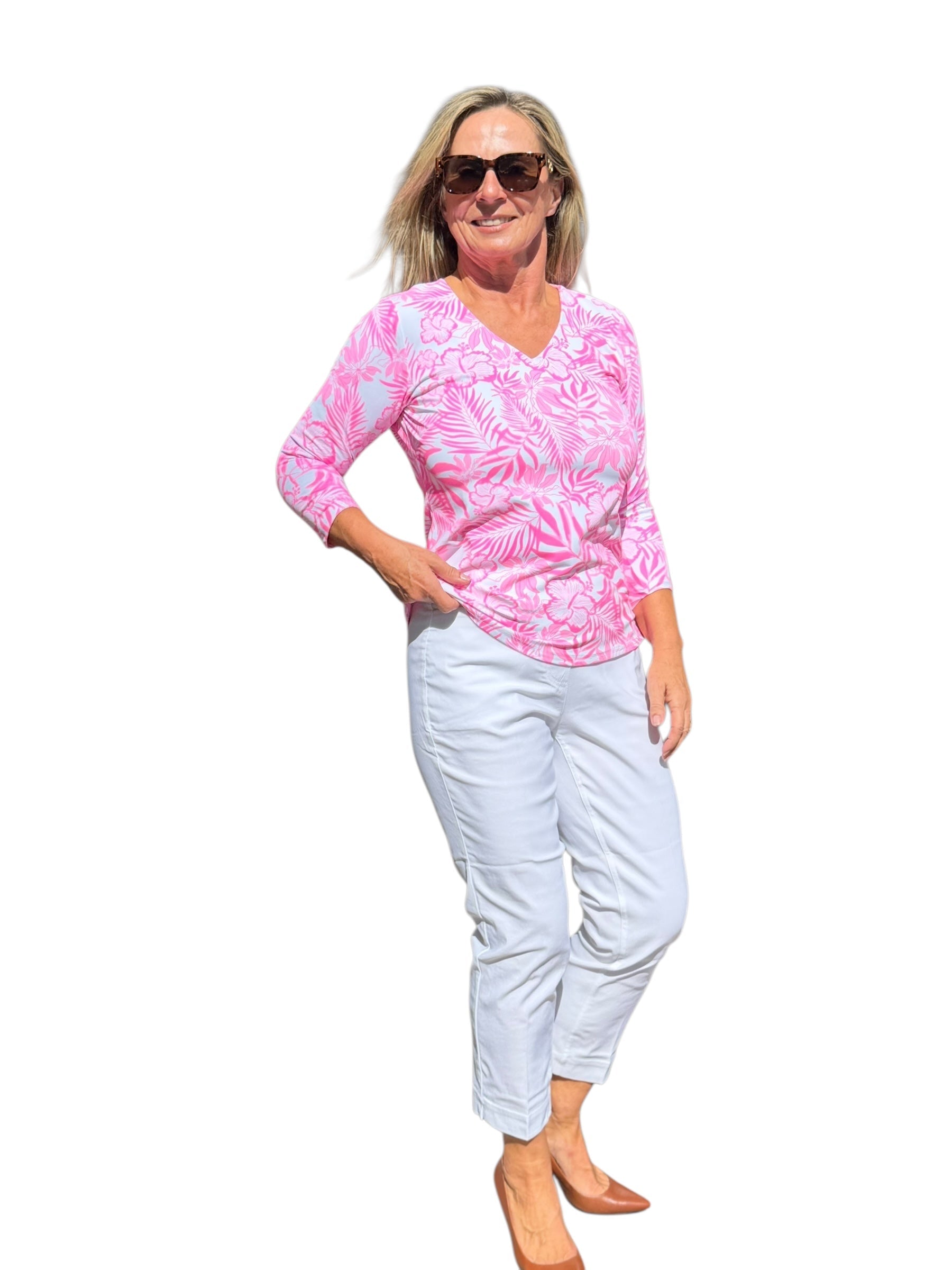 V - Neck Top with UPF50+ Summer Breeze Pink - Back of the Bay Boutique