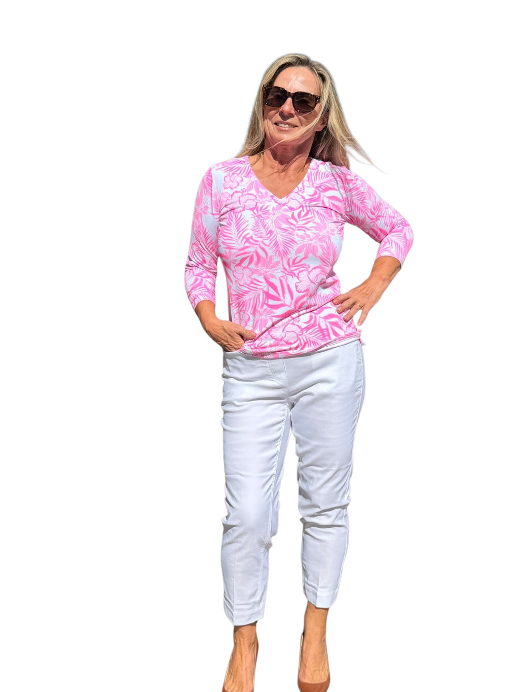 V - Neck Top with UPF50+ Summer Breeze Pink - Back of the Bay Boutique