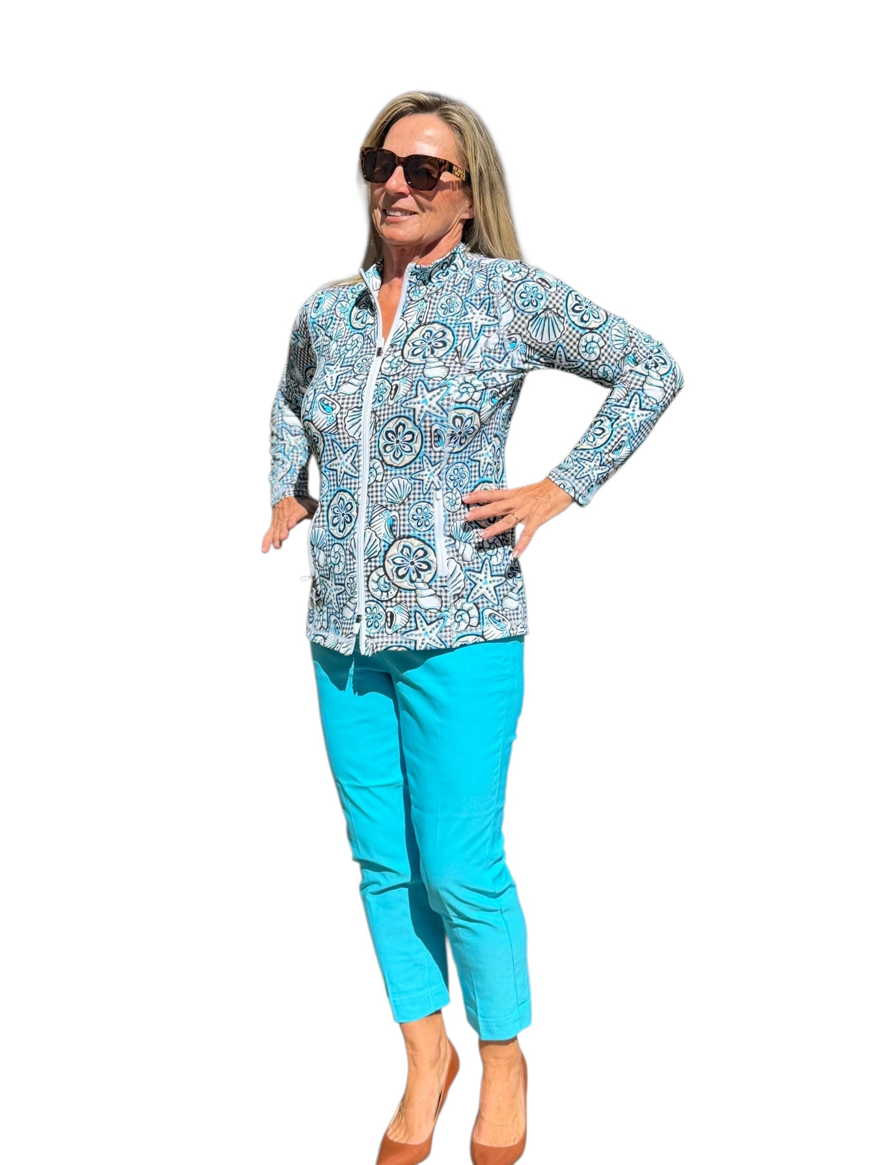 Zip - Up Long Sleeve Jacket with UPF50+ Ocean Shells Black - Back of the Bay Boutique