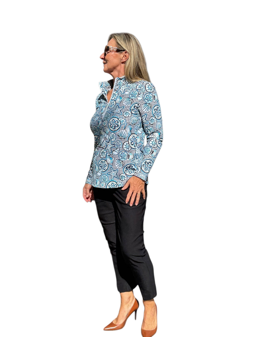 High Zip - Neck Long Sleeve Top with UPF50+ Ocean Shells Black - Back of the Bay Boutique