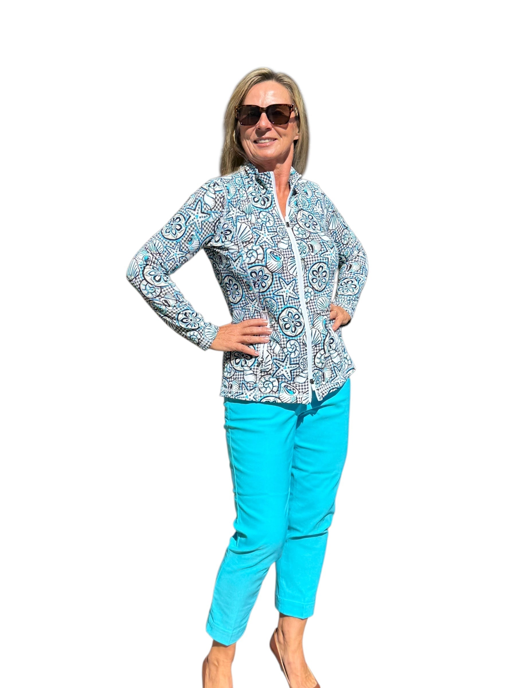 Zip - Up Long Sleeve Jacket with UPF50+ Ocean Shells Black - Back of the Bay Boutique