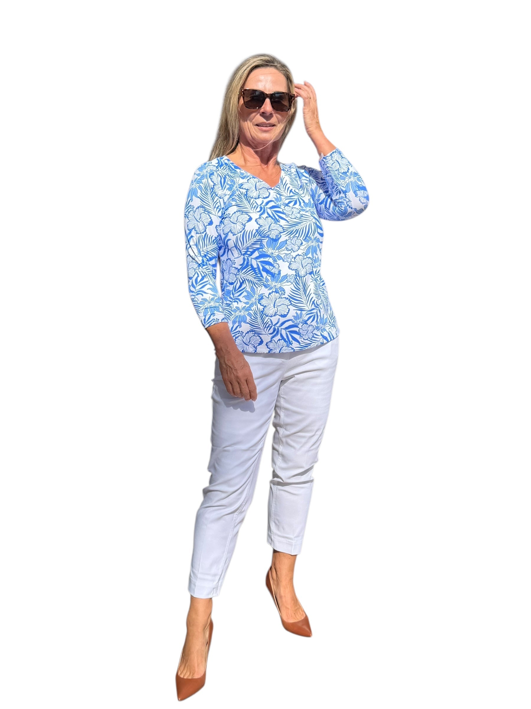V - Neck Top with UPF50+ Summer Breeze Blue - Back of the Bay Boutique